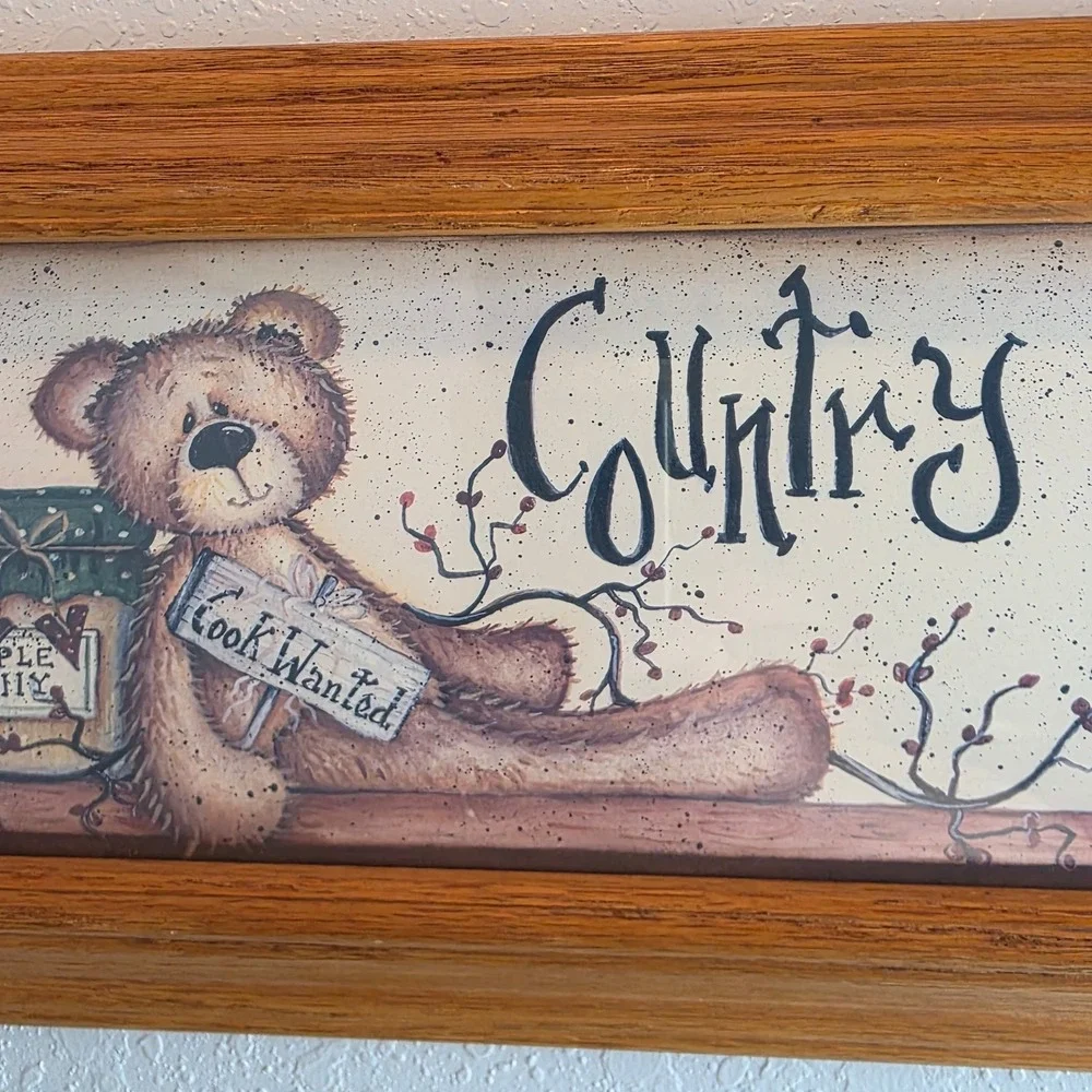 Vintage Mary Ann June Country Kitchen Oak Framed Art Primitive Teddy Bear